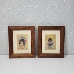 Vintage De Grazia Framed Miniature Prints Signed Flower Boy Flower Girl 1970s